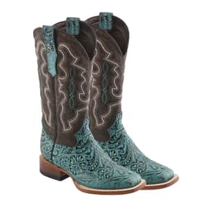 Tanner Mark Turquoise Tooled Saddle Stamp Square Toe Boot 8.5 | Leather Boots | Biker Boots | Square Toe Cowboy Boots | Heel Boots