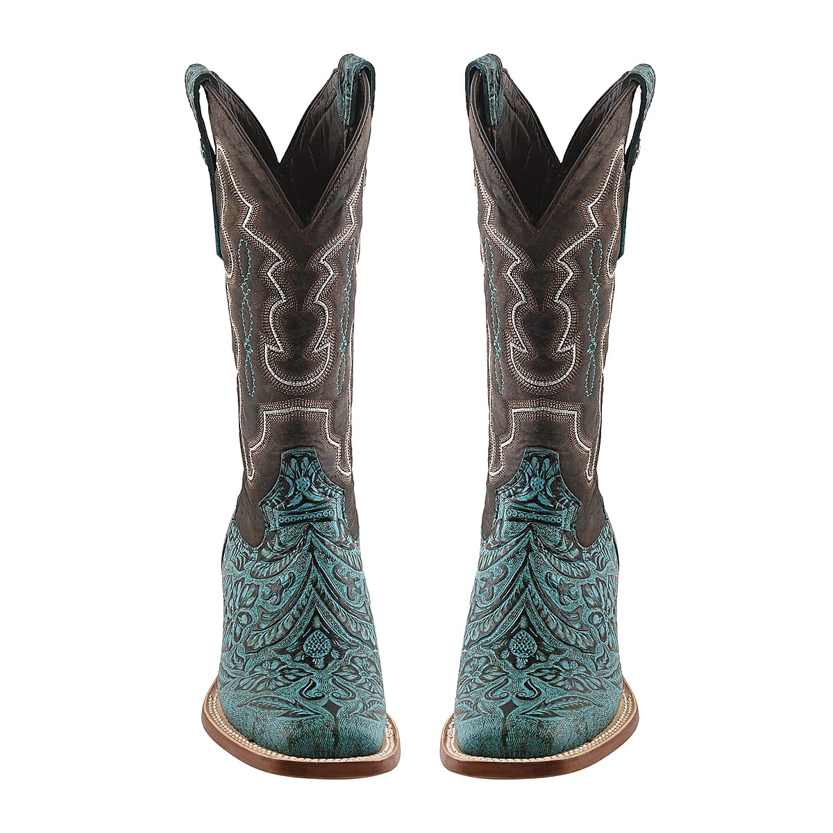 TANNER MARK Turquoise Tooled Saddle Stamp Square Toe Boot 5.5 | Leather Boots | Biker Boots | Square Toe Cowboy Boots | Heel Boots image number 1