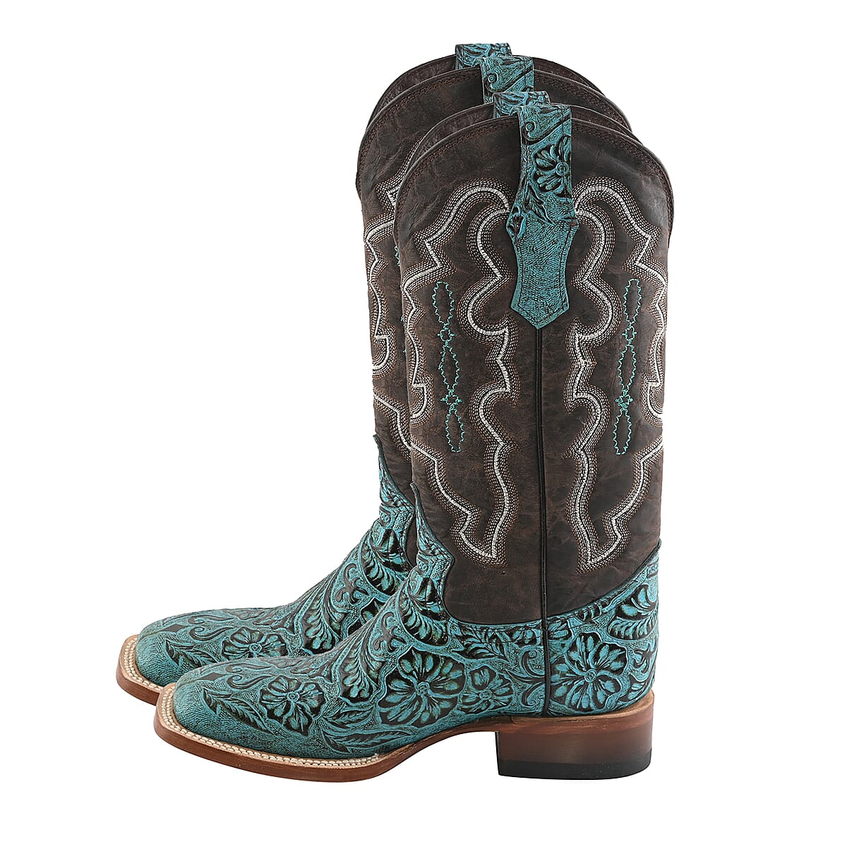 TANNER MARK Turquoise Tooled Saddle Stamp Square Toe Boot 5.5 | Leather Boots | Biker Boots | Square Toe Cowboy Boots | Heel Boots image number 2