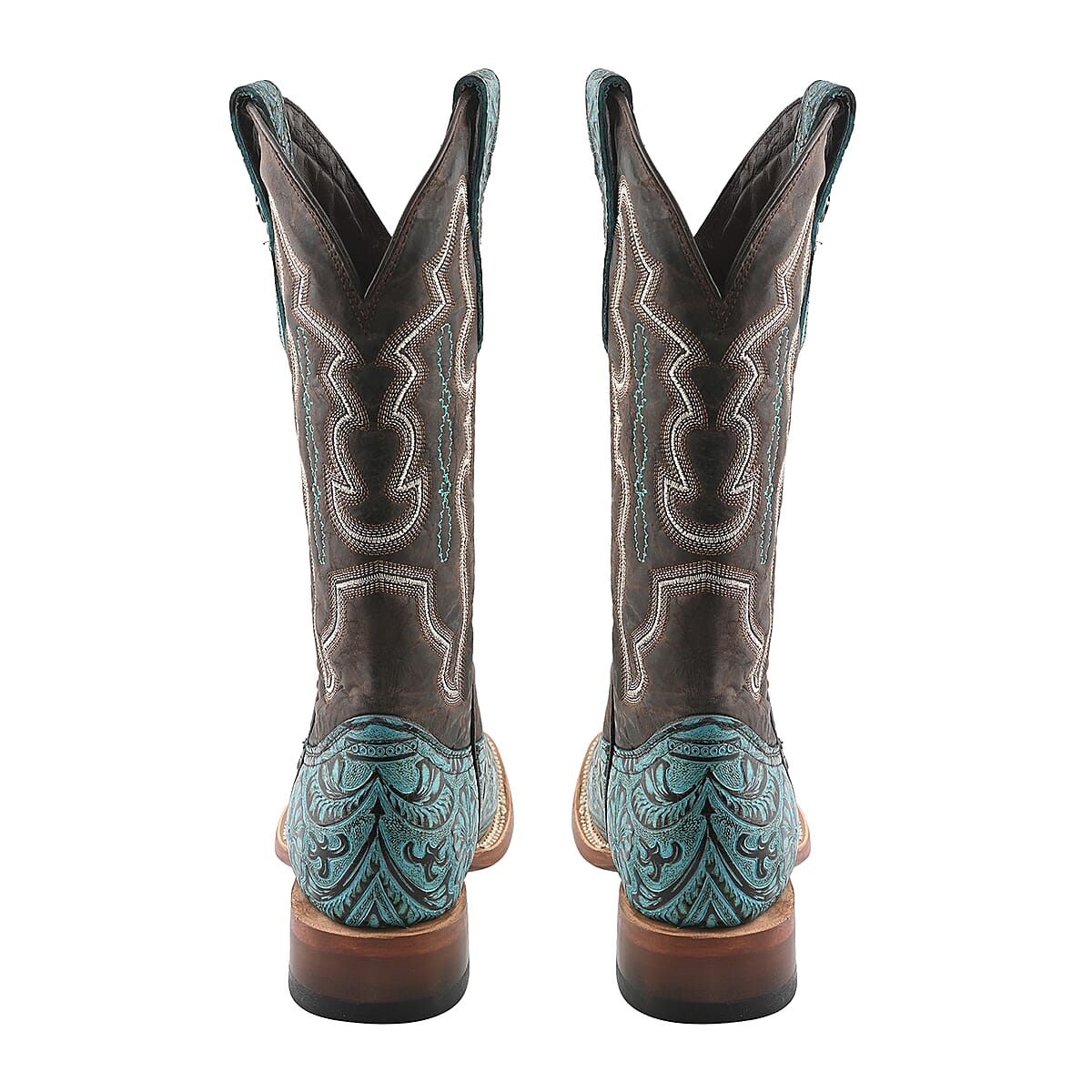 TANNER MARK Turquoise Tooled Saddle Stamp Square Toe Boot 5.5 | Leather Boots | Biker Boots | Square Toe Cowboy Boots | Heel Boots image number 3