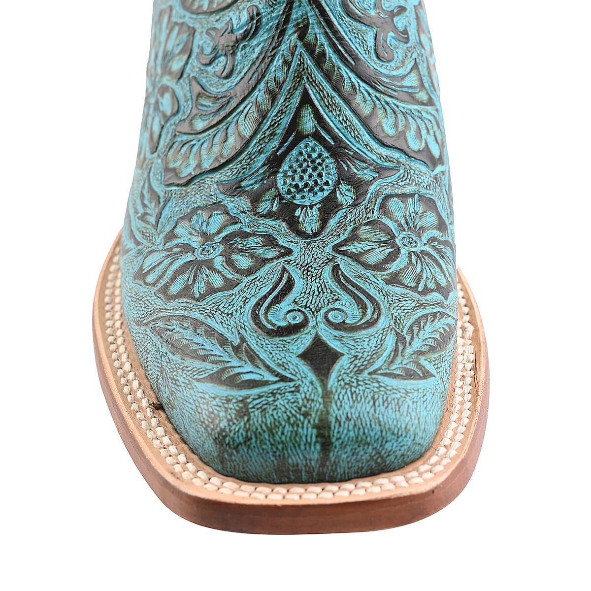 TANNER MARK Turquoise Tooled Saddle Stamp Square Toe Boot 5.5 | Leather Boots | Biker Boots | Square Toe Cowboy Boots | Heel Boots image number 5