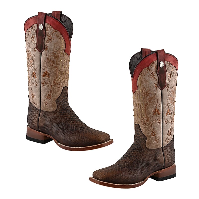 Tanner Mark Multicolor Floral Stitch Python Print Toe Boot - Size 6.5 | Leather Boots | Biker Boots | Square Toe Cowboy Boots | Heel Boots