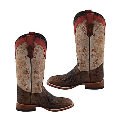 Tanner Mark Multicolor Floral Stitch Python Print Toe Boot - Size 6.5 | Leather Boots | Biker Boots | Square Toe Cowboy Boots | Heel Boots