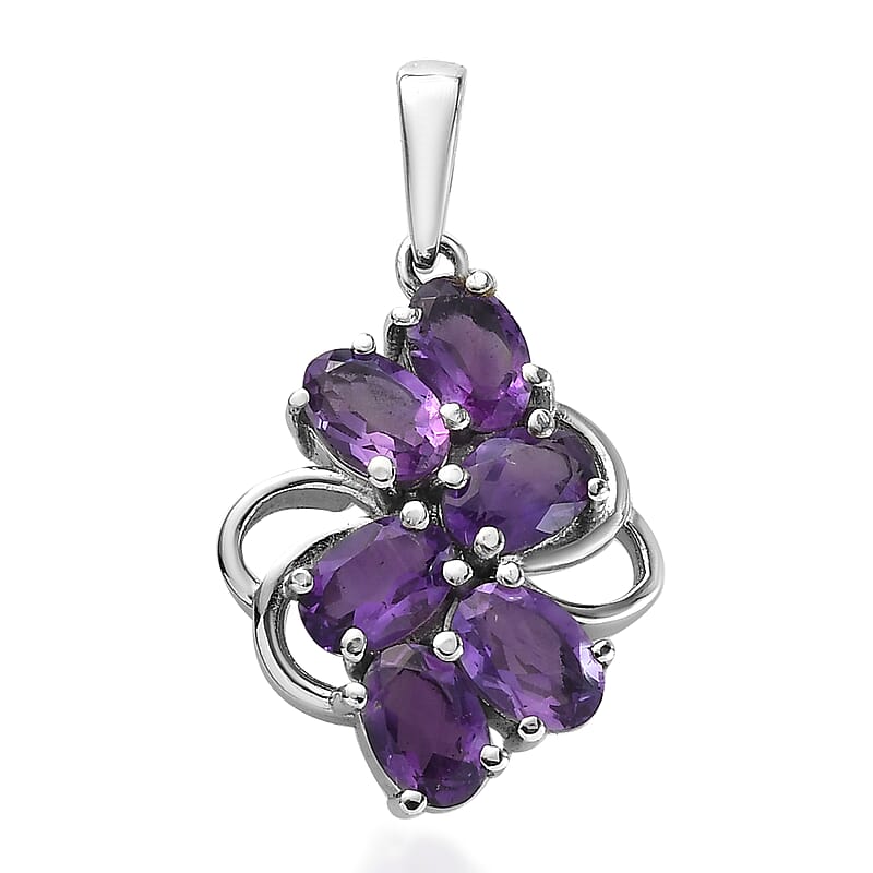Amethyst Cluster Pendant in Stainless Steel 2.65 ctw
