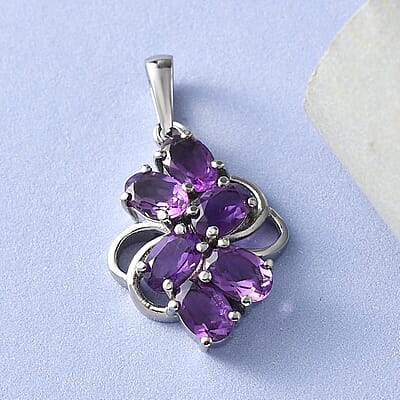 Amethyst Cluster Pendant in Stainless Steel 2.65 ctw