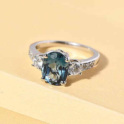 London Blue Topaz and Natural White Zircon Ring in Platinum Over Sterling Silver (Size 10.0) 2.90 ctw