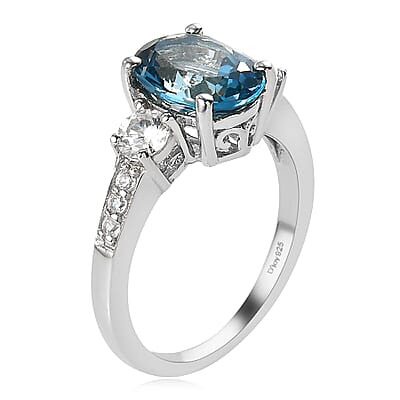 London Blue Topaz and Natural White Zircon Ring in Platinum Over Sterling Silver (Size 10.0) 2.90 ctw