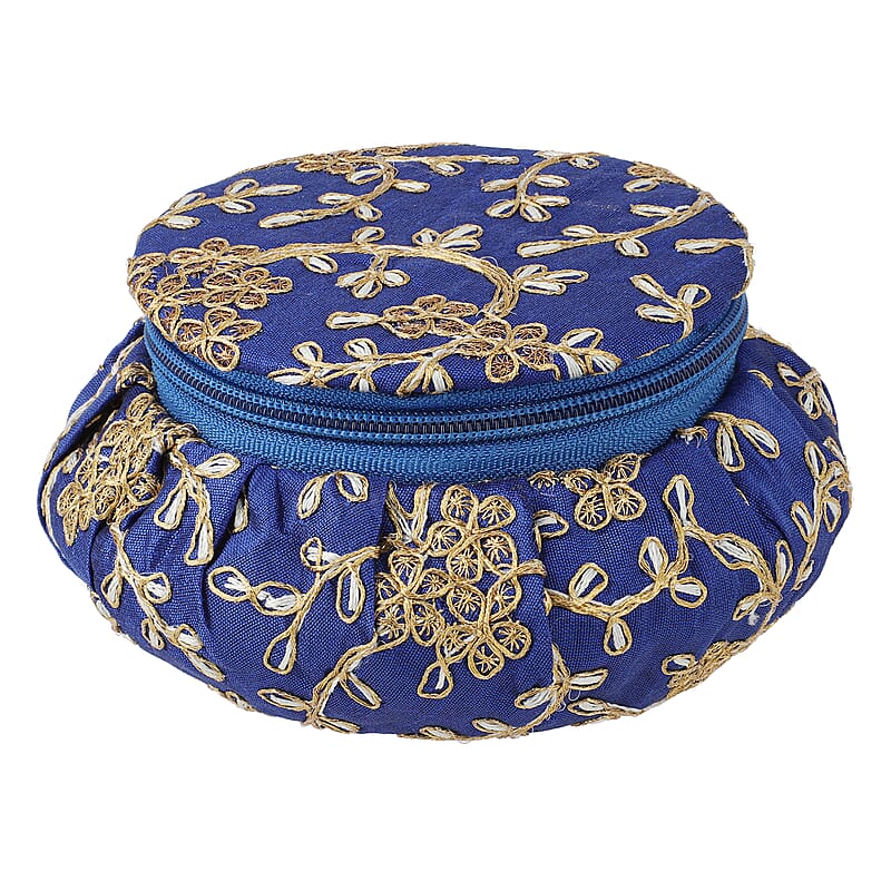 Blue Embroidered Brocade Pot-shaped Jewelry Box With Velvet Scratch resistant Interior And Zipper Closure