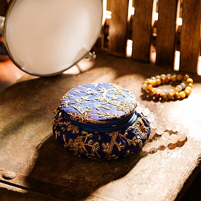 Blue Embroidered Brocade Pot-shaped Jewelry Box With Velvet Scratch resistant Interior And Zipper Closure