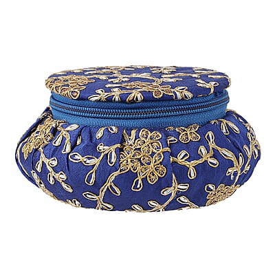 Blue Embroidered Brocade Pot-shaped Jewelry Box With Velvet Scratch resistant Interior And Zipper Closure