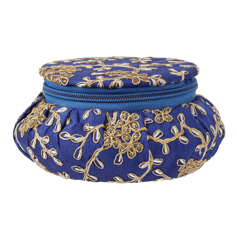 Blue Embroidered Brocade Pot-shaped Jewelry Box With Velvet Scratch resistant Interior And Zipper Closure