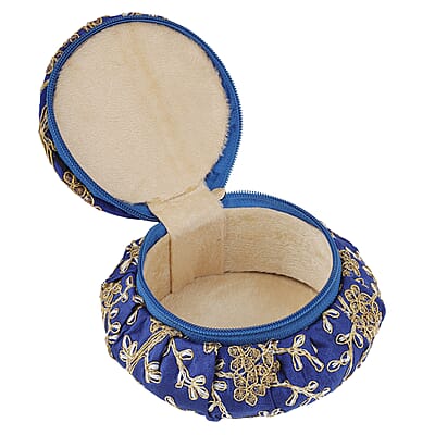 Blue Embroidered Brocade Pot-shaped Jewelry Box With Velvet Scratch resistant Interior And Zipper Closure