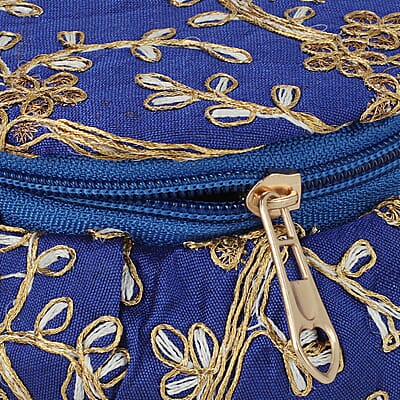 Blue Embroidered Brocade Pot-shaped Jewelry Box With Velvet Scratch resistant Interior And Zipper Closure