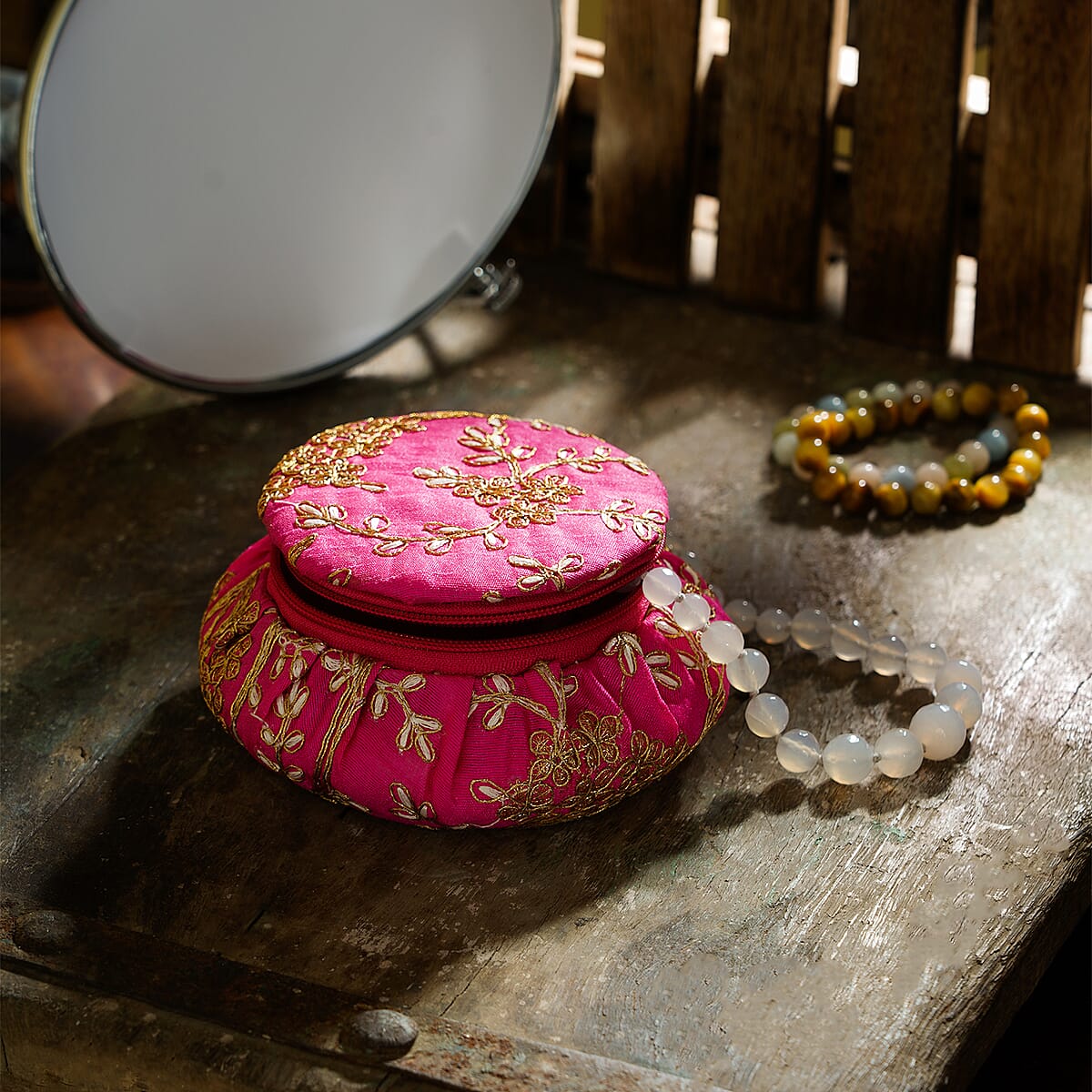 Pink Embroidered Brocade Pot-shaped Jewelry Box With Velvet Scratch resistant Interior And Zipper Closure image number 1