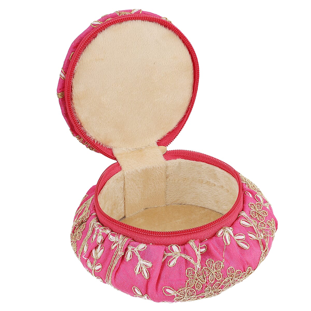 Pink Embroidered Brocade Pot-shaped Jewelry Box With Velvet Scratch resistant Interior And Zipper Closure image number 3