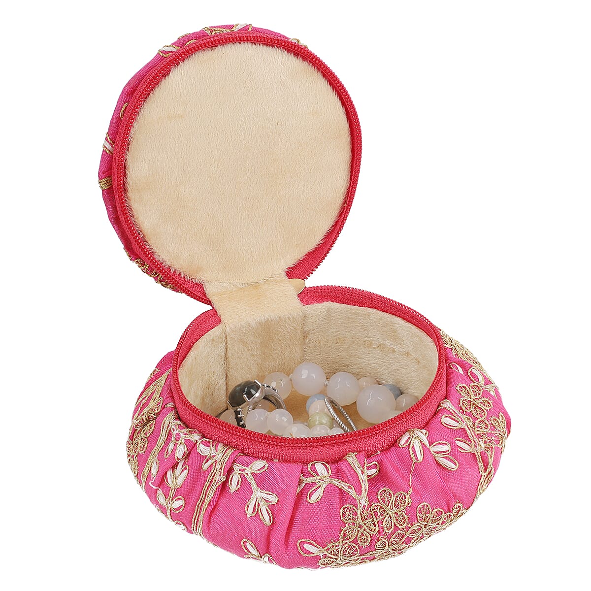 Pink Embroidered Brocade Pot-shaped Jewelry Box With Velvet Scratch resistant Interior And Zipper Closure image number 4