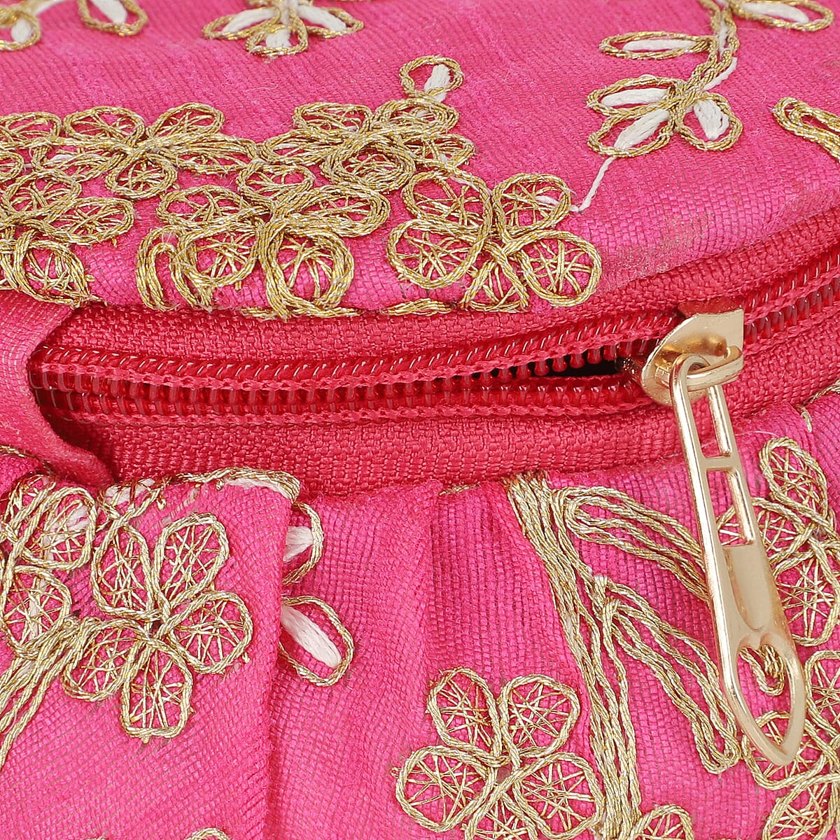 Pink Embroidered Brocade Pot-shaped Jewelry Box With Velvet Scratch resistant Interior And Zipper Closure image number 5