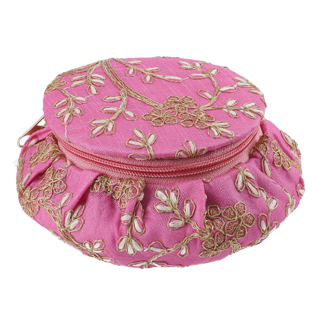 Purple Embroidered Brocade Pot-shaped Jewelry Box With Velvet Scratch resistant Interior And Zipper Closure image number 0