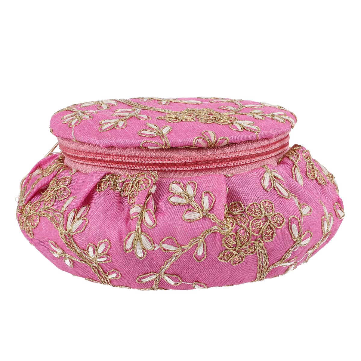 Purple Embroidered Brocade Pot-shaped Jewelry Box With Velvet Scratch resistant Interior And Zipper Closure image number 2