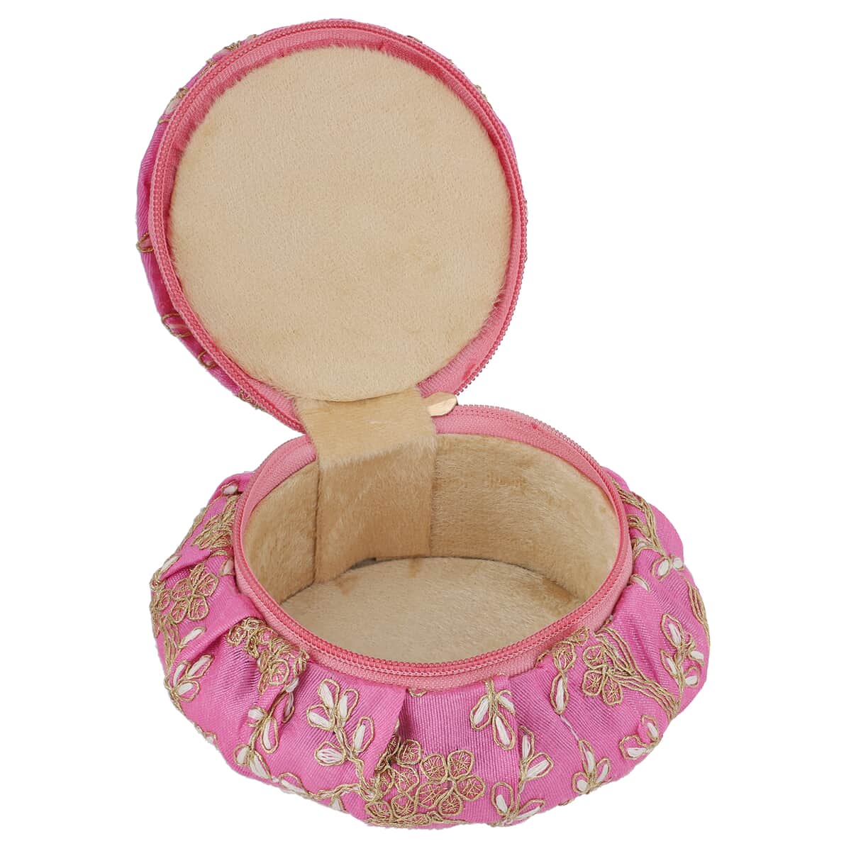 Purple Embroidered Brocade Pot-shaped Jewelry Box With Velvet Scratch resistant Interior And Zipper Closure image number 3