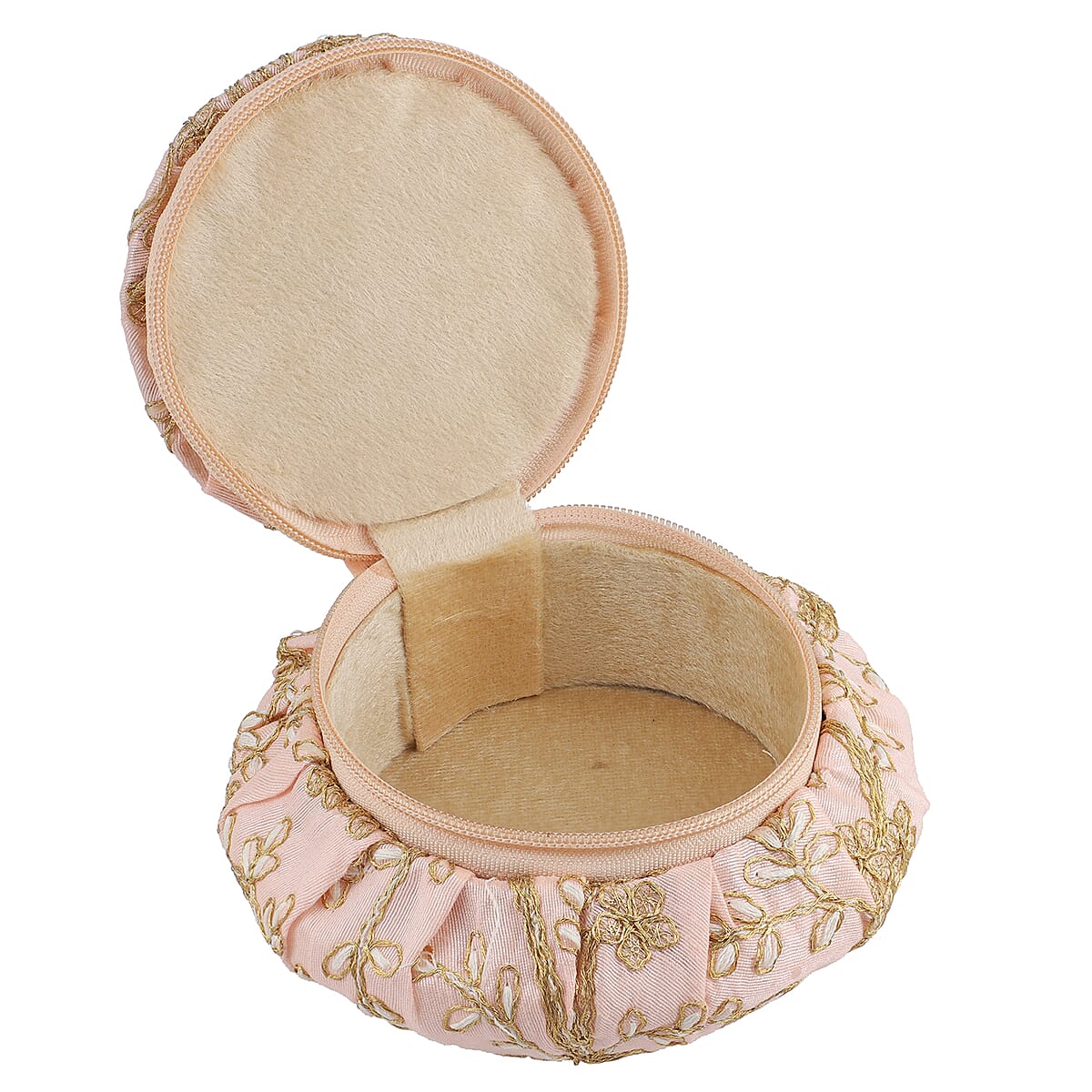 Peach Embroidered Brocade Pot-shaped Jewelry Box With Velvet Scratch resistant Interior And Zipper Closure image number 2