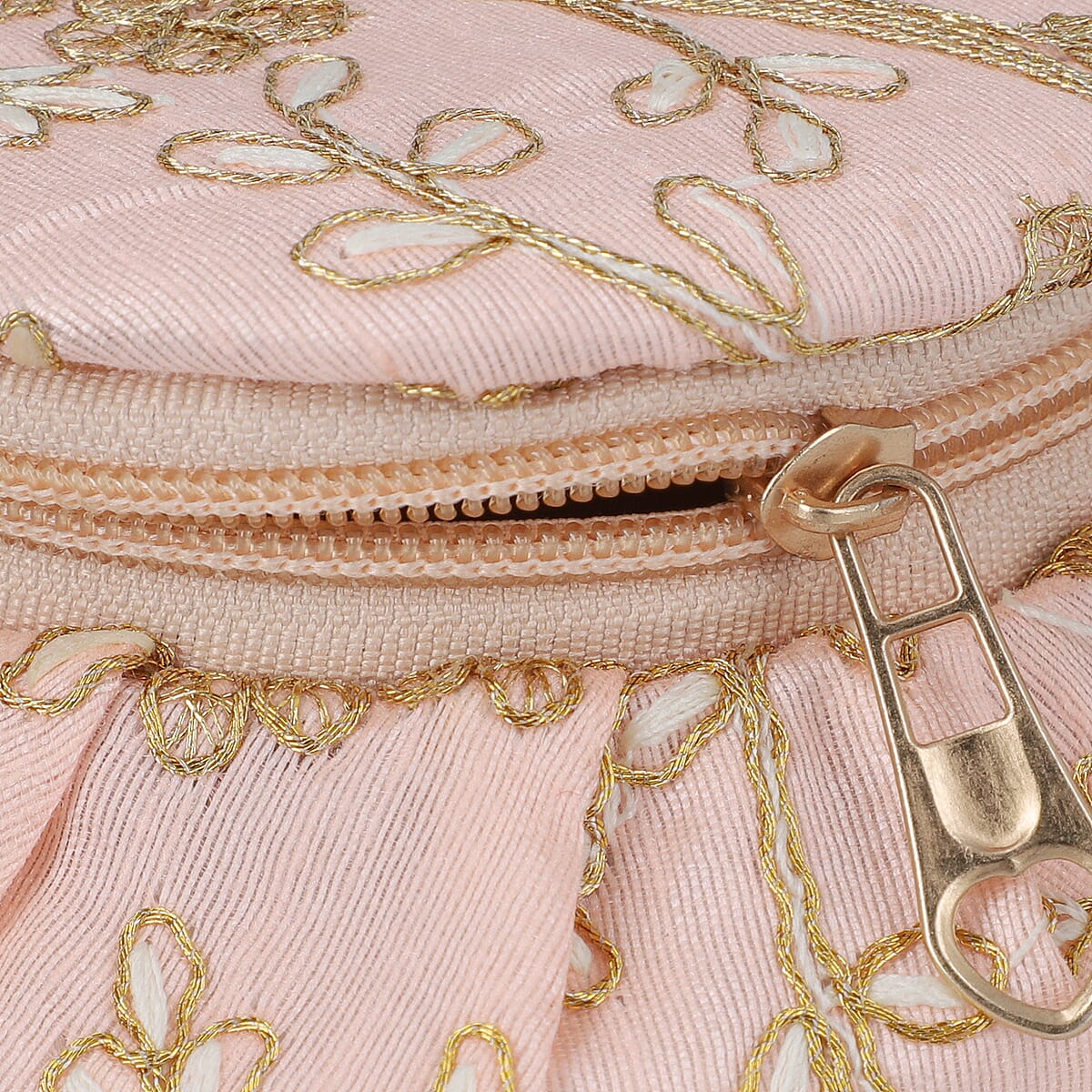 Peach Embroidered Brocade Pot-shaped Jewelry Box With Velvet Scratch resistant Interior And Zipper Closure image number 3