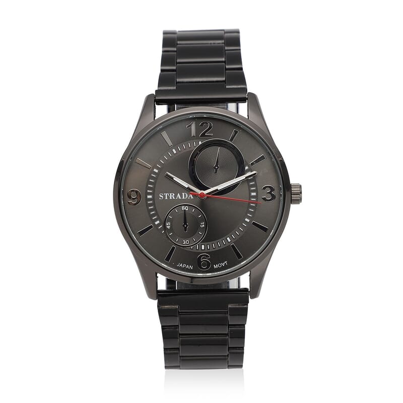 Strada Japanese Movement Watch with ION Plated Black Stainless Steel Strap (6.50-8.25 Inches) (25.40 mm)