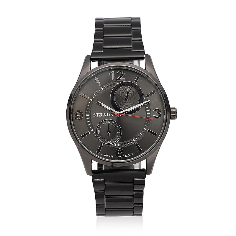 Strada Japanese Movement Watch with ION Plated Black Stainless Steel Strap (6.50-8.25 Inches) (25.40 mm)