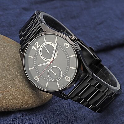 Strada Japanese Movement Watch with ION Plated Black Stainless Steel Strap (6.50-8.25 Inches) (25.40 mm)