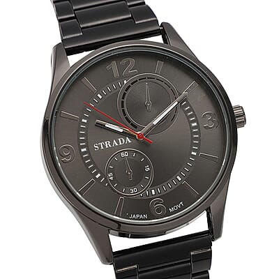 Strada Japanese Movement Watch with ION Plated Black Stainless Steel Strap (6.50-8.25 Inches) (25.40 mm)