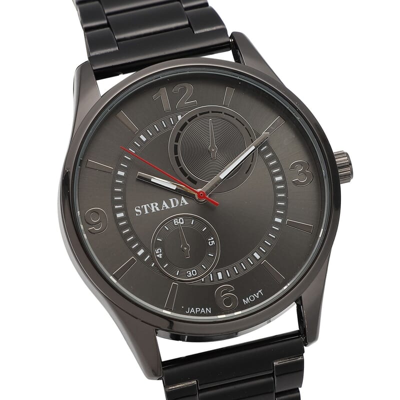 Strada Japanese Movement Watch with ION Plated Black Stainless Steel Strap (6.50-8.25 Inches) (25.40 mm)