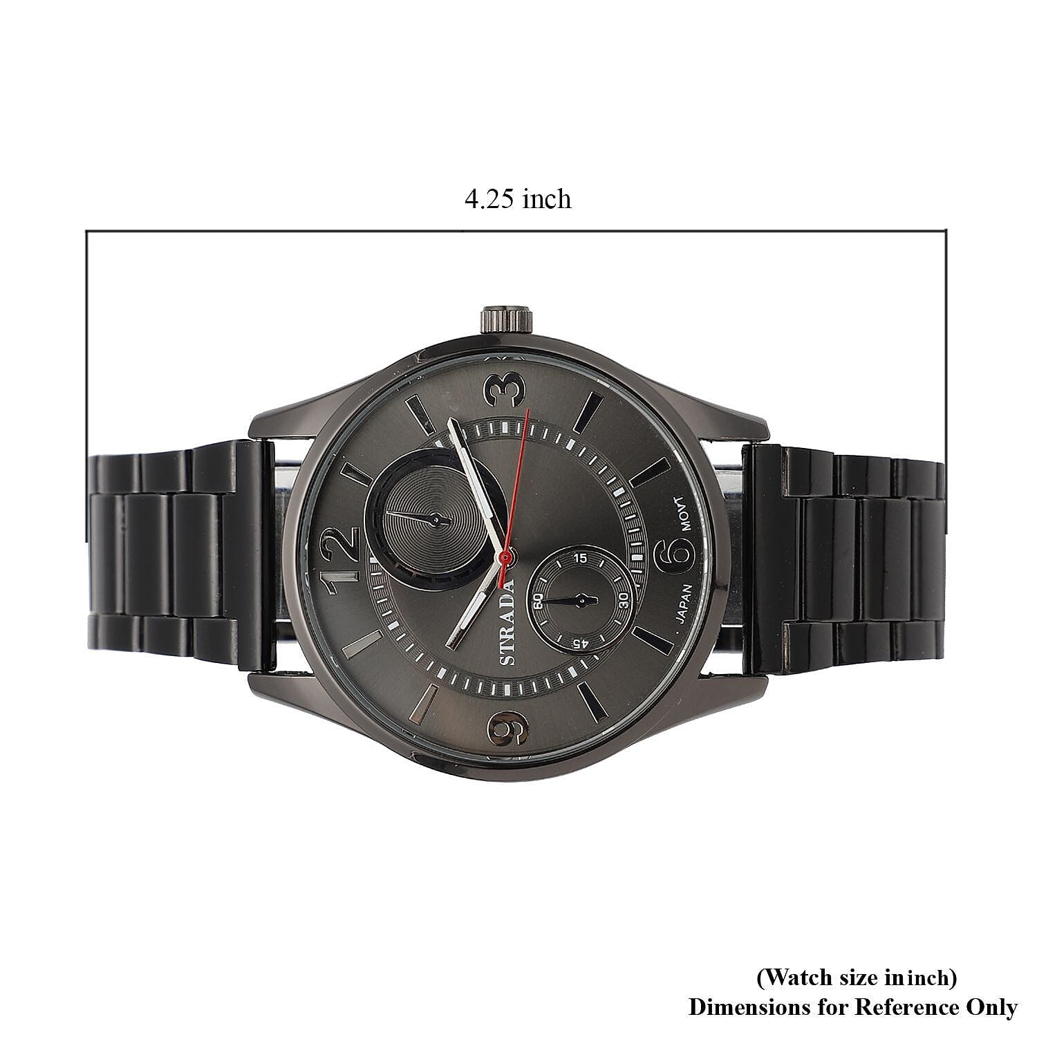 Strada Japanese Movement Watch with ION Plated Black Stainless Steel Strap (6.50-8.25 Inches) (25.40 mm)