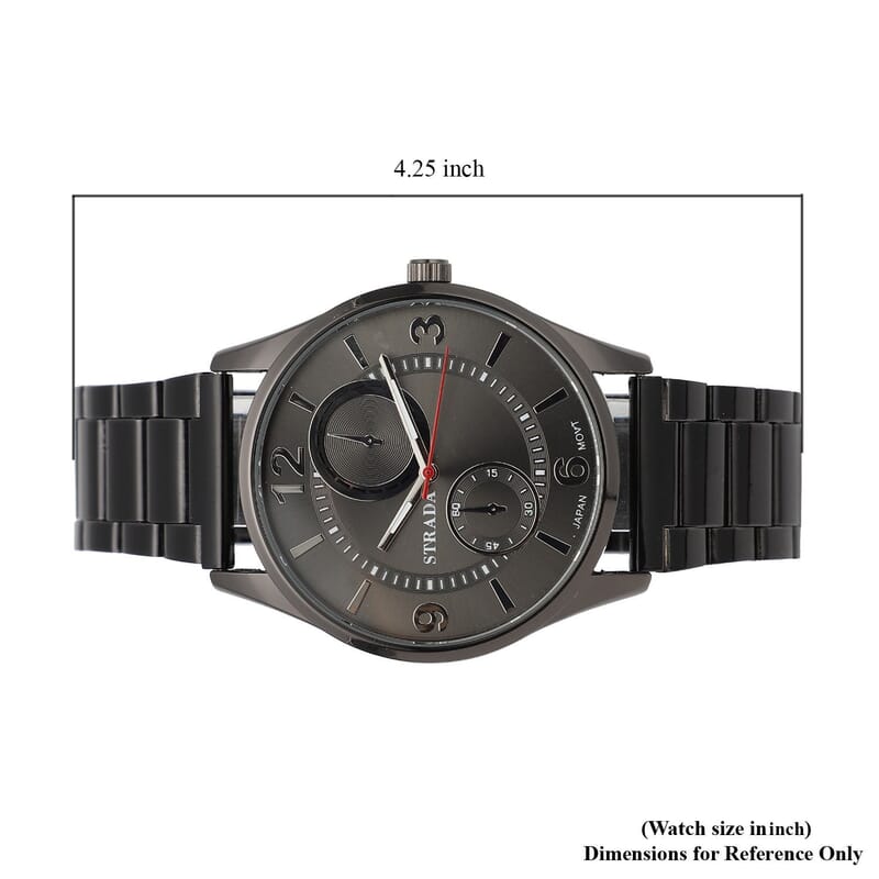 Strada Japanese Movement Watch with ION Plated Black Stainless Steel Strap (6.50-8.25 Inches) (25.40 mm)