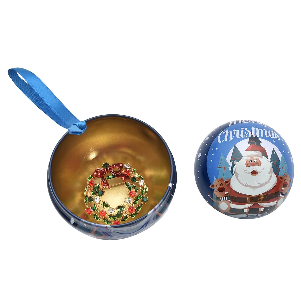 Merry Christmas Blue Ornament Ball Packaging Gift Set with Multi Color Austrian Crystal Christmas Wreath Brooch in Goldtone image number 2