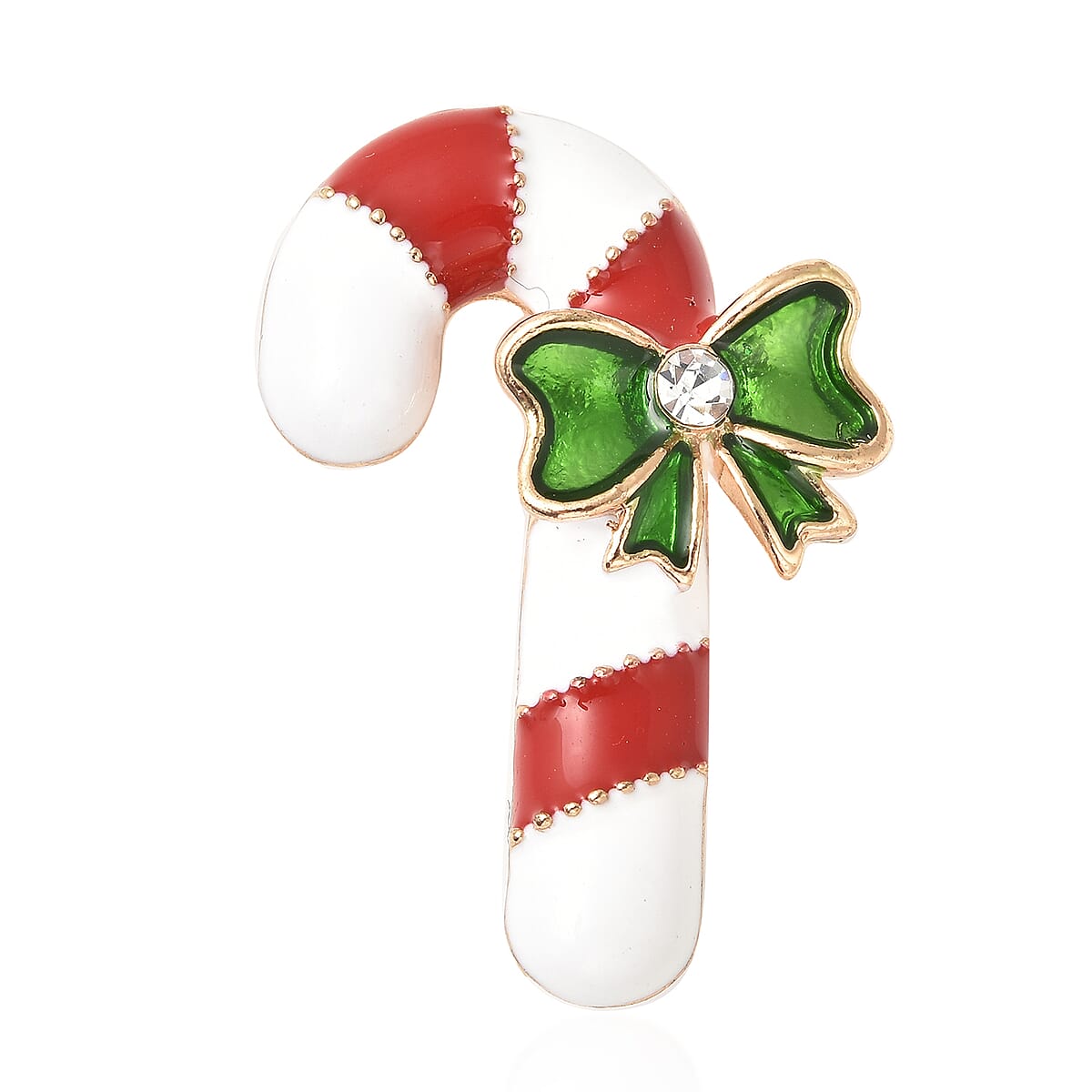 White Austrian Crystal and Enameled Christmas Candy Cane Brooch in Goldtone image number 1