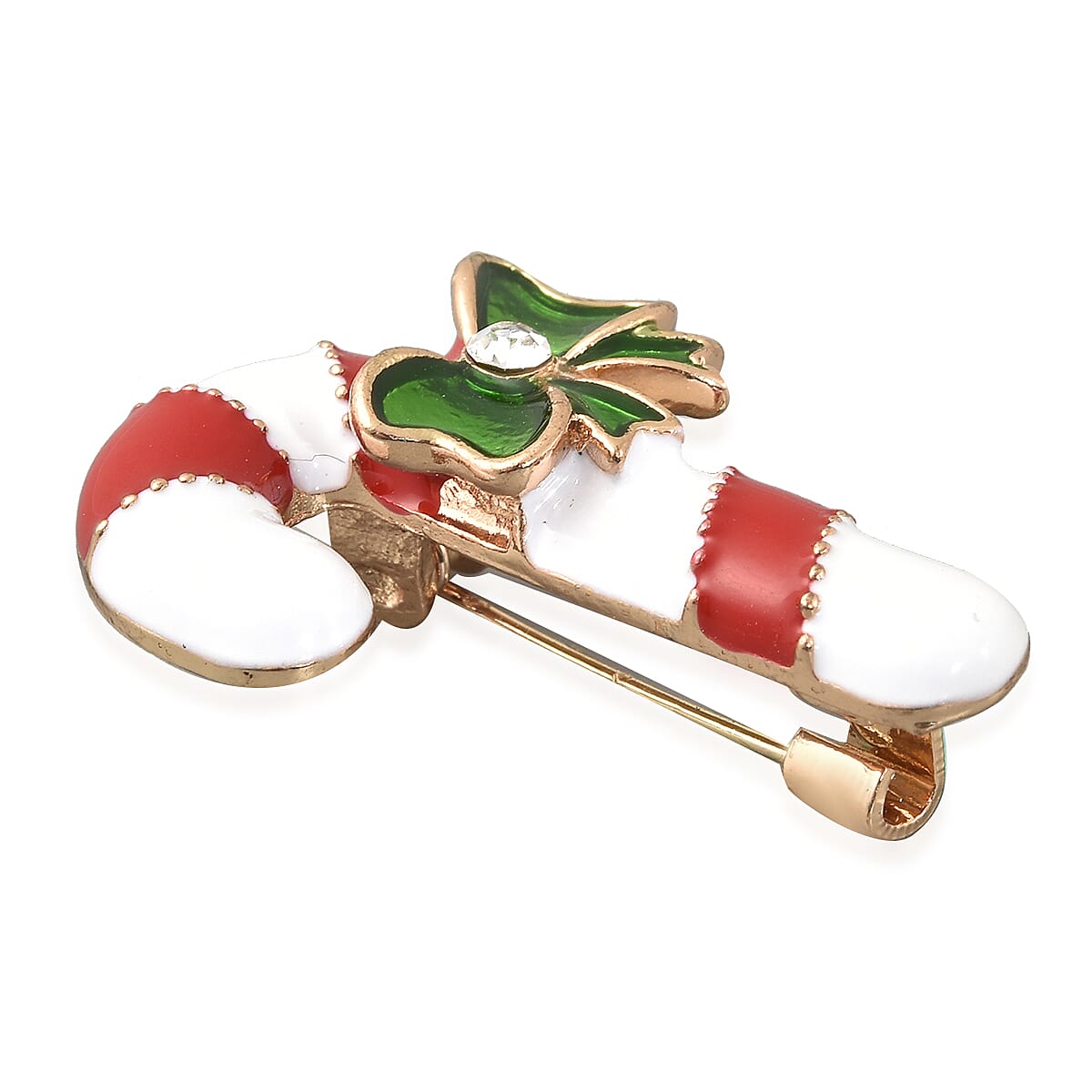 White Austrian Crystal and Enameled Christmas Candy Cane Brooch in Goldtone image number 3