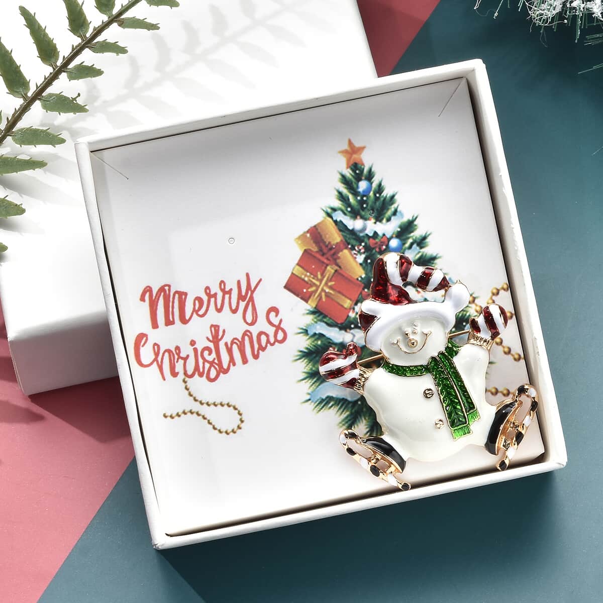 Merry Christmas Jewelry Gift Box with Enameled Christmas Snowman Brooch in Goldtone image number 0