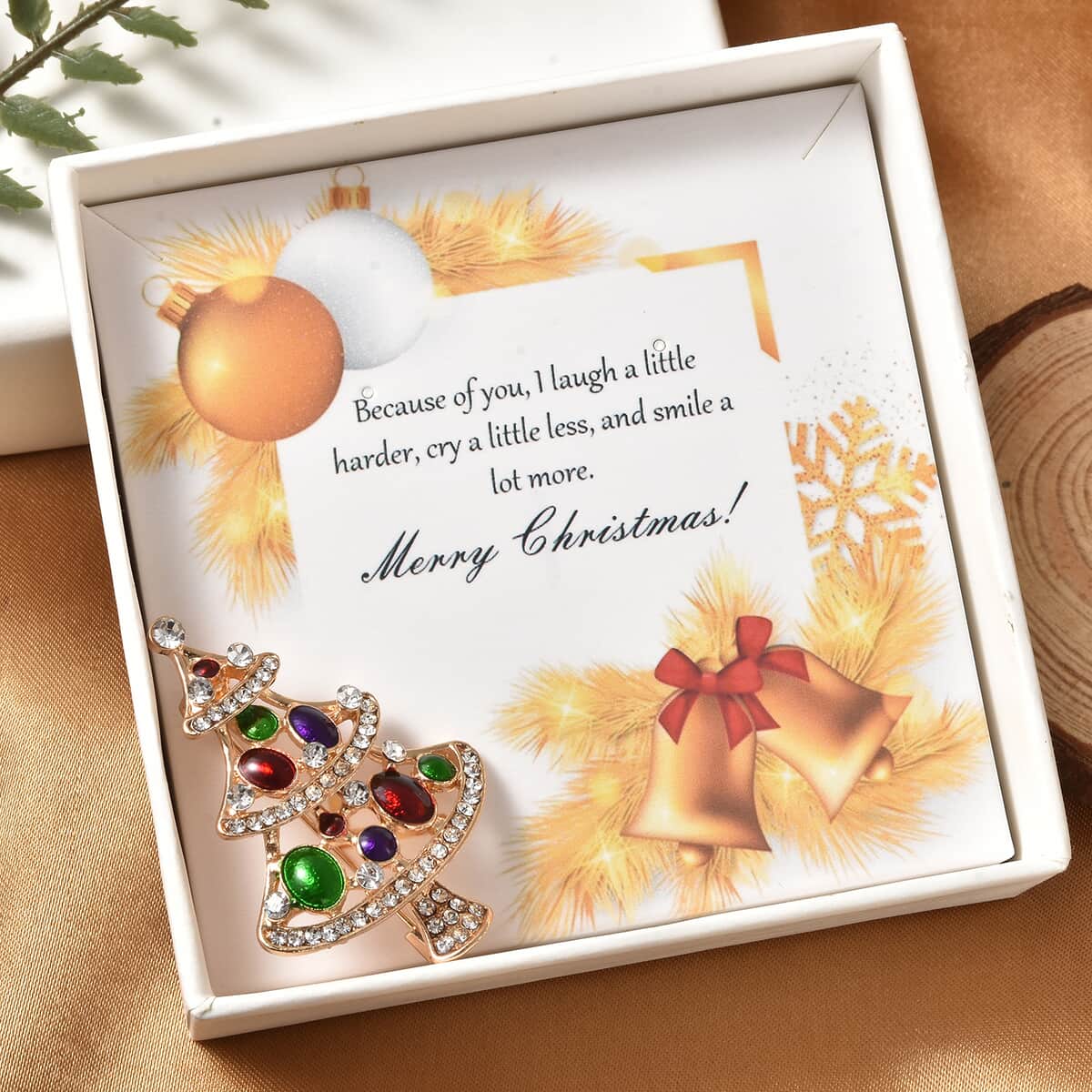 Austrian Crystal and Enameled Christmas Tree Brooch in Goldtone image number 0