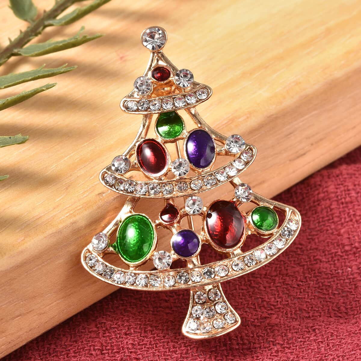Austrian Crystal and Enameled Christmas Tree Brooch in Goldtone image number 1