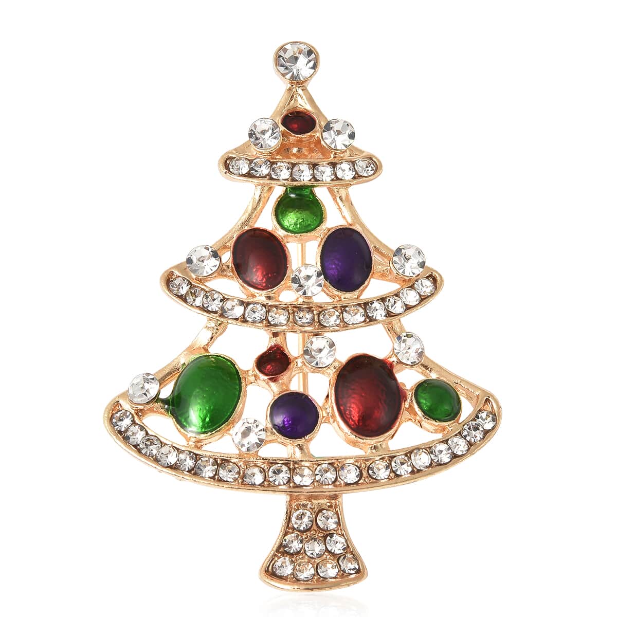 Austrian Crystal and Enameled Christmas Tree Brooch in Goldtone image number 2