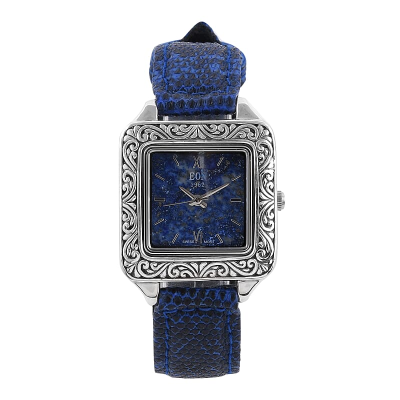 Bali Legacy Eon 1962 Lapis Lazuli Swiss Movement Watch in Sterling Silver and Stainless Steel with Royal Blue Genuine Lizard Leather Strap