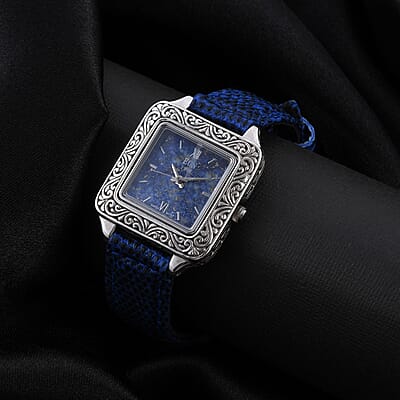 Bali Legacy Eon 1962 Lapis Lazuli Swiss Movement Watch in Sterling Silver and Stainless Steel with Royal Blue Genuine Lizard Leather Strap