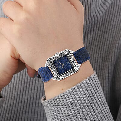 Bali Legacy Eon 1962 Lapis Lazuli Swiss Movement Watch in Sterling Silver and Stainless Steel with Royal Blue Genuine Lizard Leather Strap
