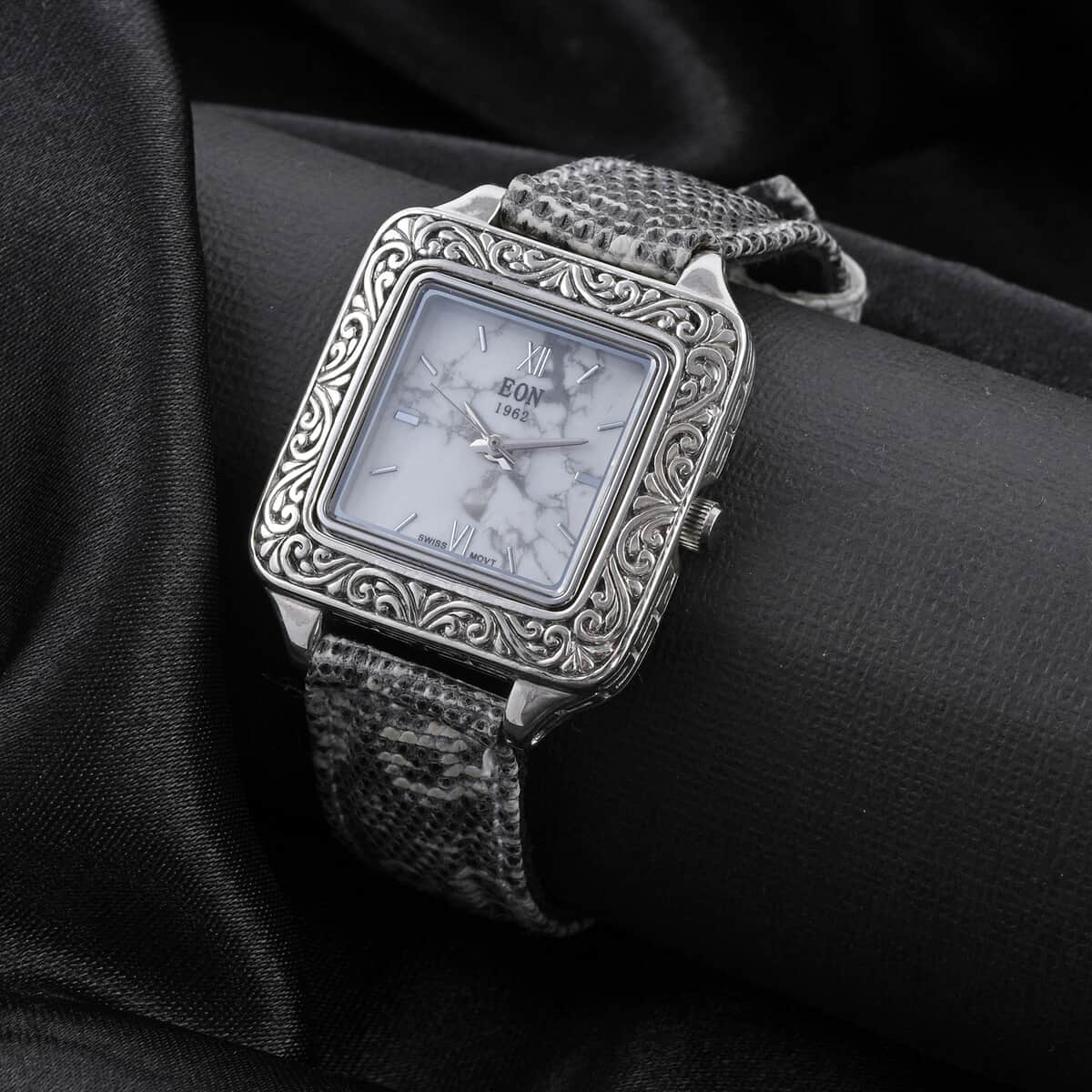 Bali Legacy Eon 1962 White Howlite Swiss Movement Watch in Sterling Silver and Stainless Steel with White Gray Genuine Lizard Leather Strap 20 Grams image number 1