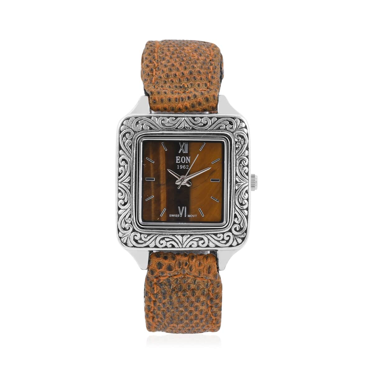 Bali Legacy Eon 1962 Tiger's Eye Swiss Movement Watch in Sterling Silver and Stainless Steel with Brown 100% Genuine Lizard Leather Strap image number 0