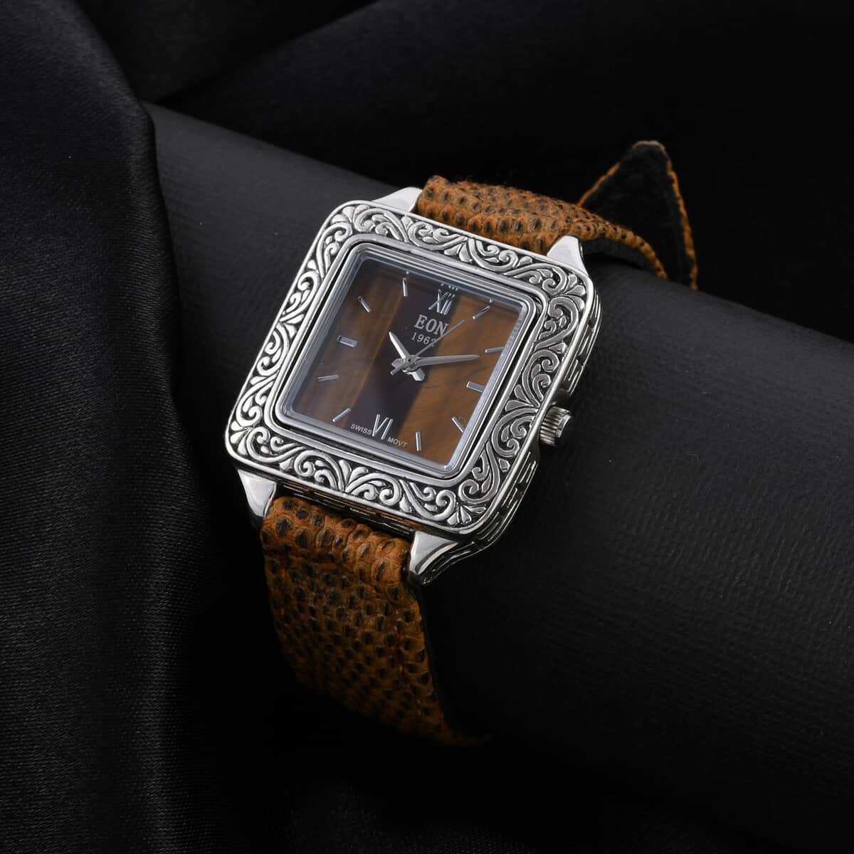Bali Legacy Eon 1962 Tiger's Eye Swiss Movement Watch in Sterling Silver and Stainless Steel with Brown 100% Genuine Lizard Leather Strap image number 1