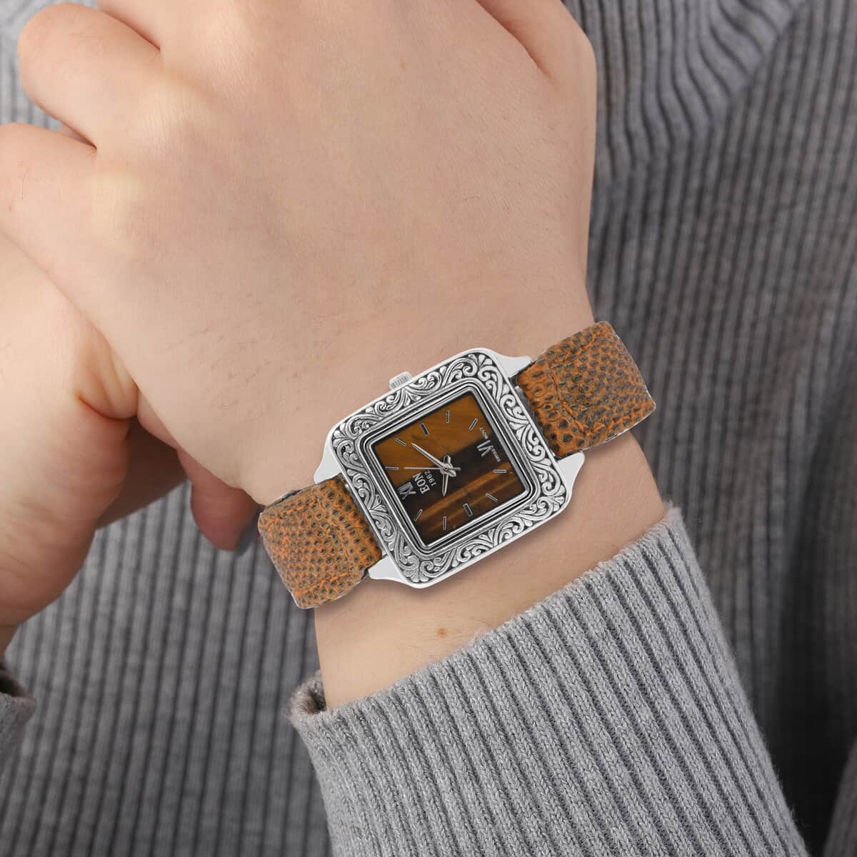 Bali Legacy Eon 1962 Tiger's Eye Swiss Movement Watch in Sterling Silver and Stainless Steel with Brown 100% Genuine Lizard Leather Strap image number 2