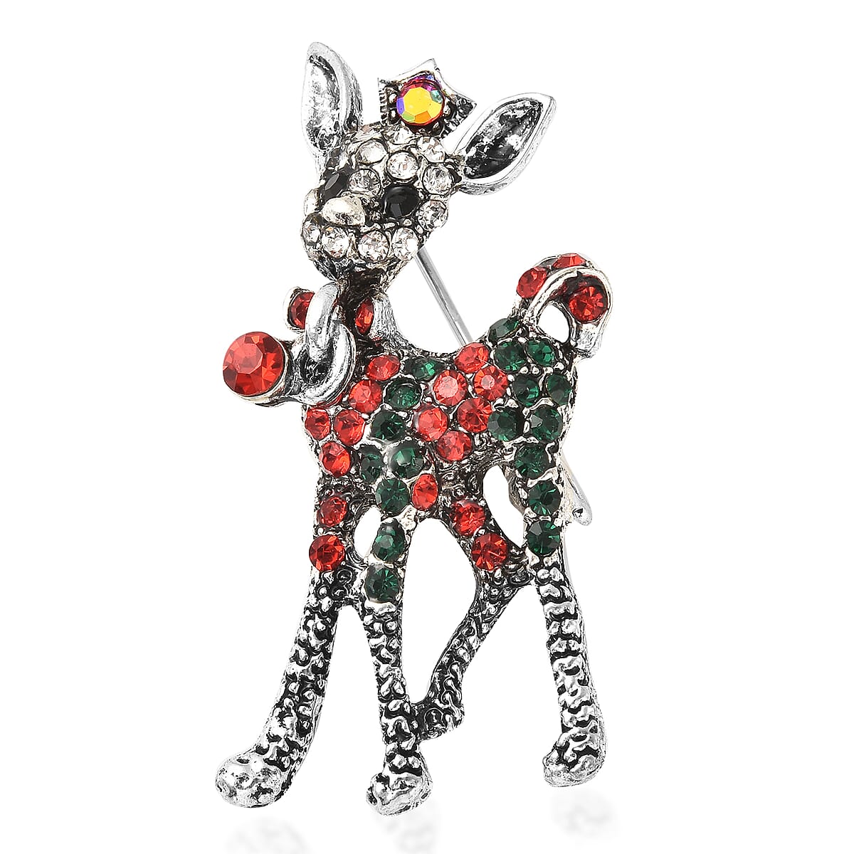 Merry Christmas Red Ornament Ball Packaging Gift Set with Multi Color Austrian Crystal Christmas Deer Brooch in Silvertone image number 1