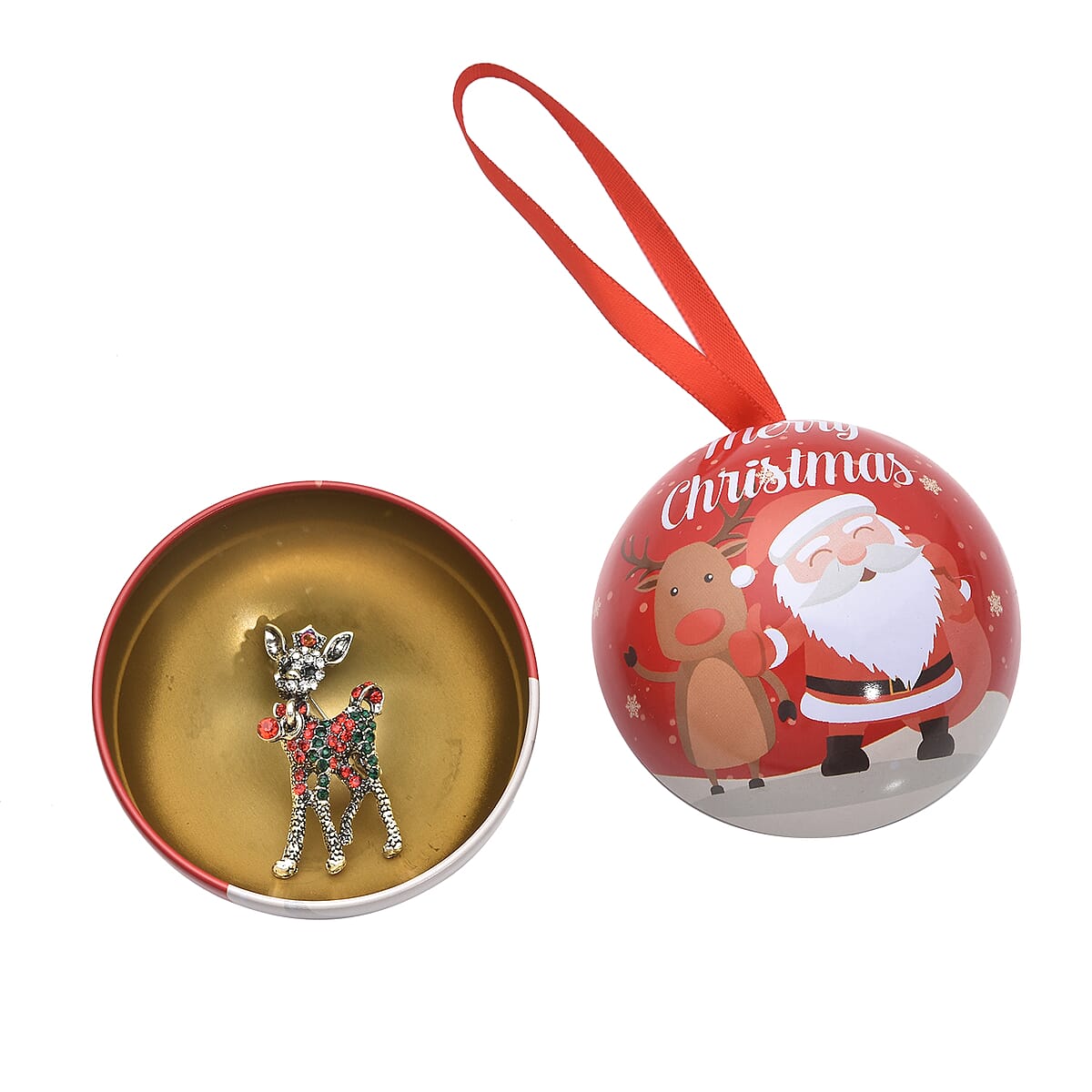 Merry Christmas Red Ornament Ball Packaging Gift Set with Multi Color Austrian Crystal Christmas Deer Brooch in Silvertone image number 2