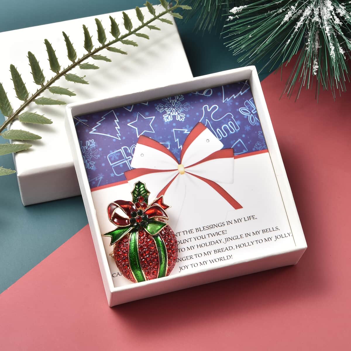 You are My Blessing Jewelry Gift Box with Red & Green Austrian Crystal, Enameled Christmas Gift Ornament Brooch in Goldtone image number 0